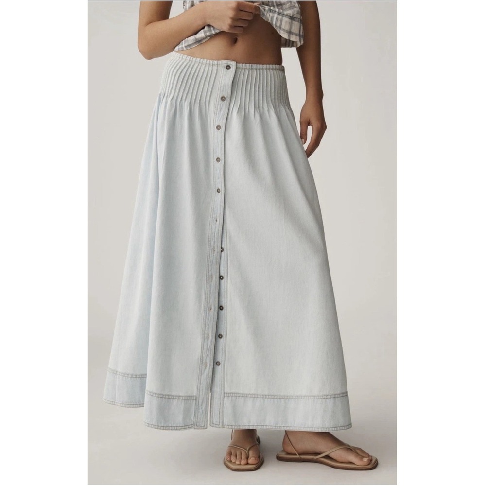 Pilcro Pintuck Denim Maxi Skirt Womens  L Light Wash Blue Button Front Basque